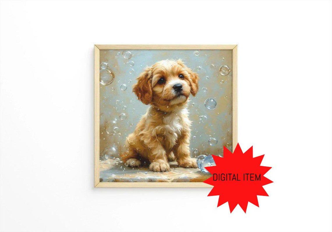 Adorable Fluffy Golden Puppy Surrounded By Soap Bubbles Poster