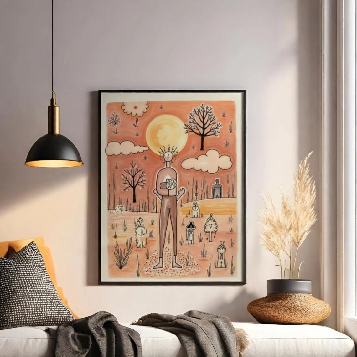 Whimsical Tall Figure Under Giant Sun Folk Art Orange Landscape Poster