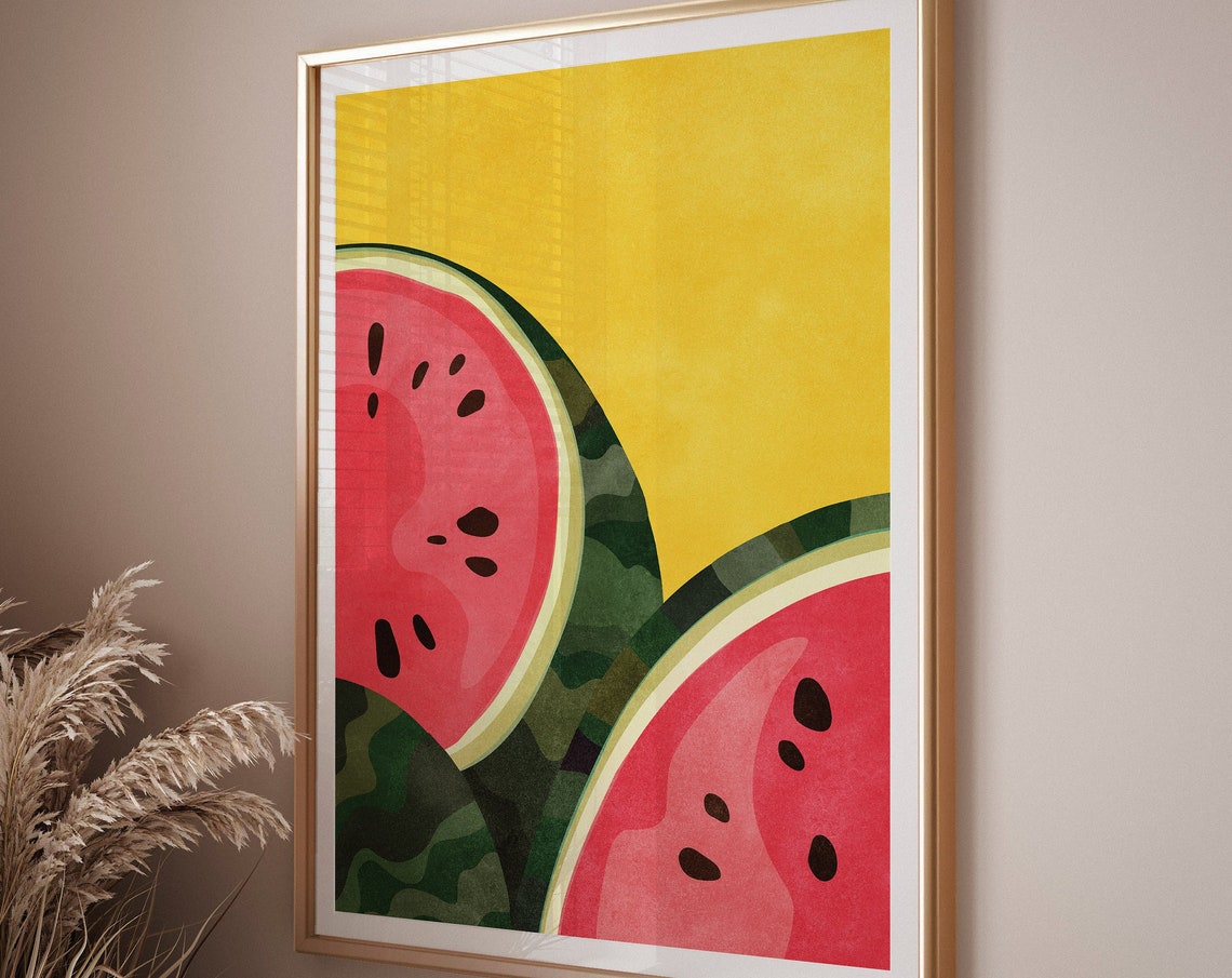 Bold Watermelon Slices On Golden Yellow Maximalist Kitchen Poster - Image 3
