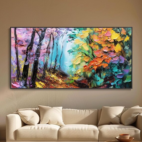 Vibrant Forest Oil Painting Artwork Tranquil Woods Impressionist Style Thick Texture Tree Palette Knife Living Room Decor Modern Home