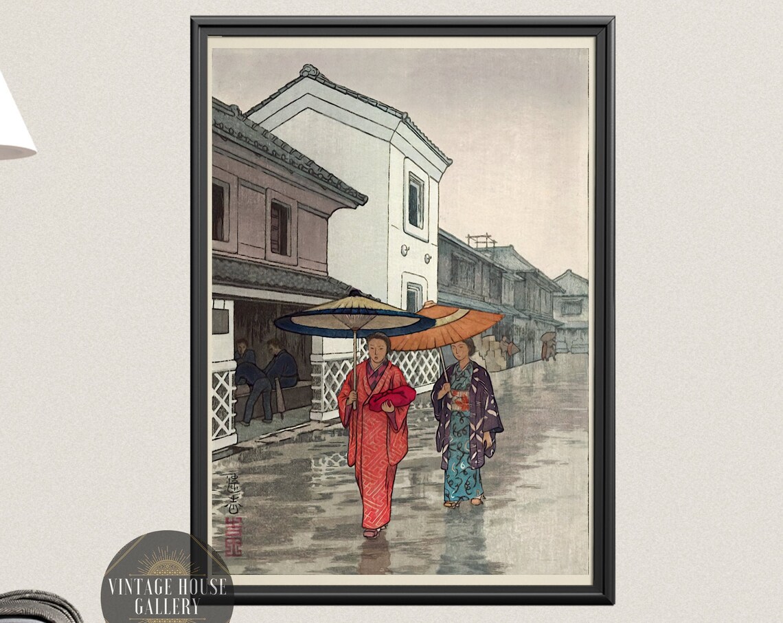 Yoshida Toshi Umbrella Women in Rain Japanese Woodblock Art Poster