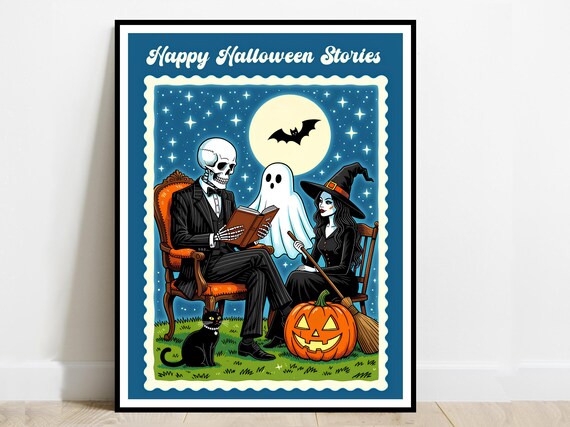 Happy Halloween Stories Poster Skeleton Reading Book Witch Ghost Postcard Decor