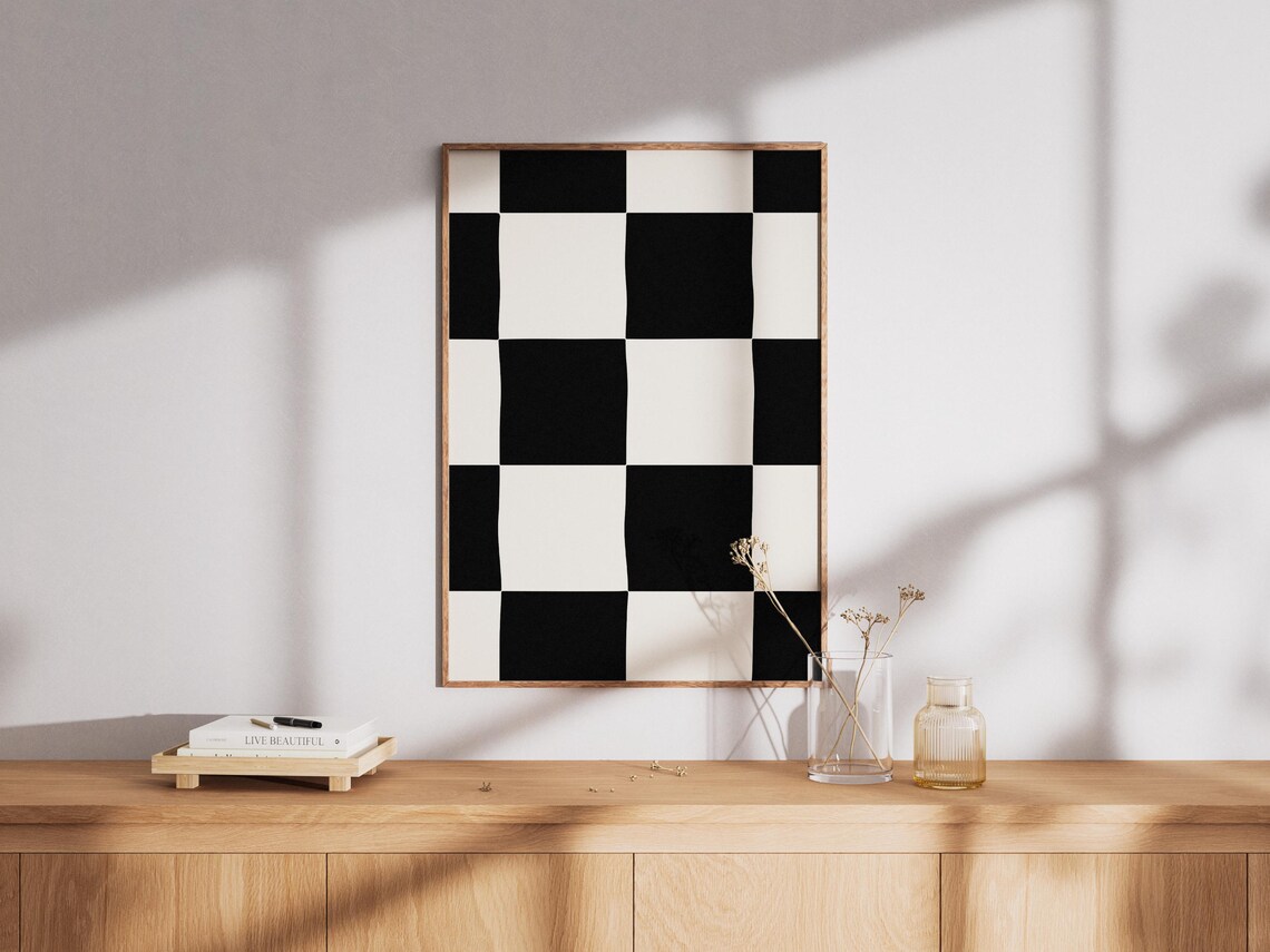 Checkered Abstract Print, 70s Retro Trendy Art