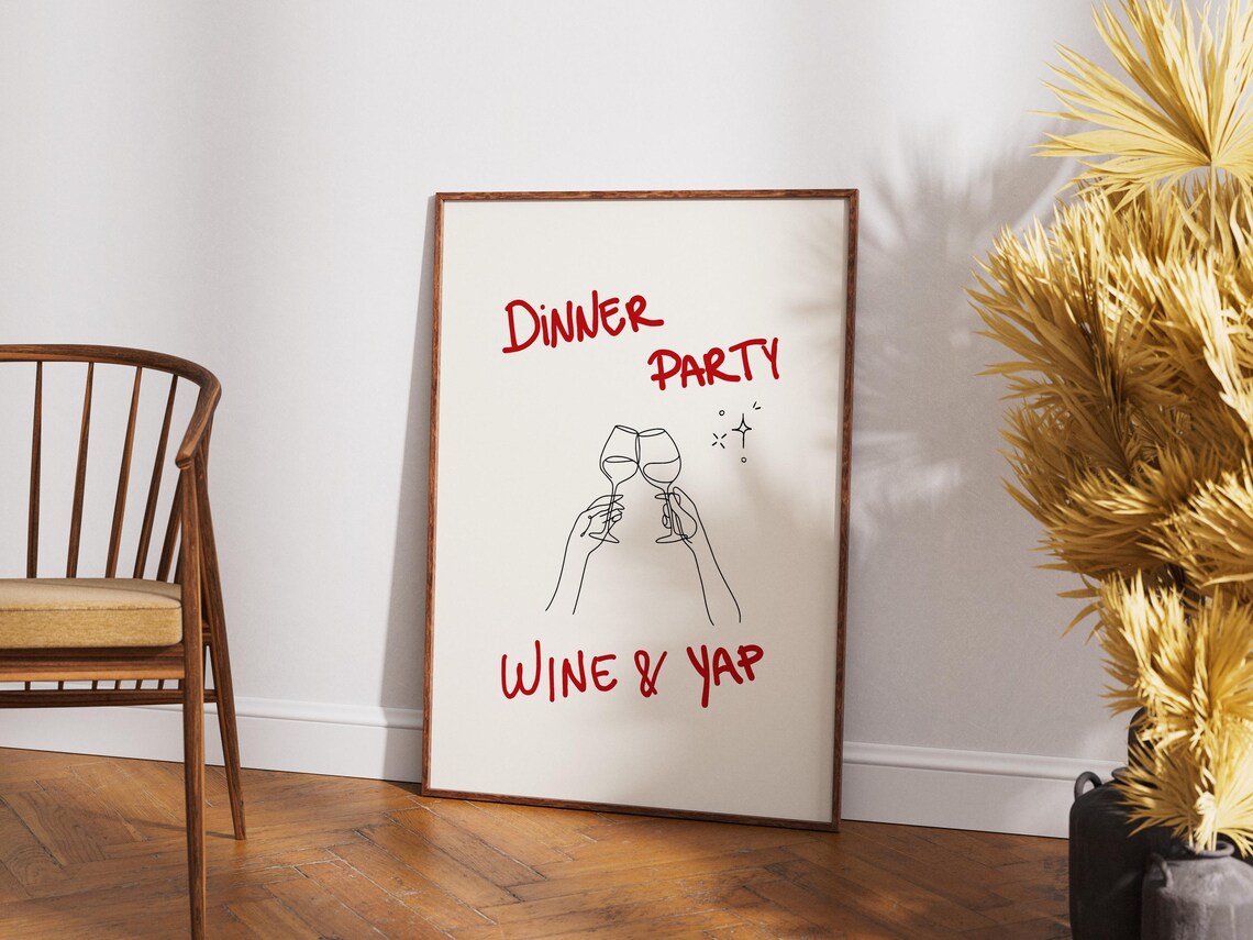 Dinner Party Wine and Yap Cheers Line Art Funny Kitchen Wall Art