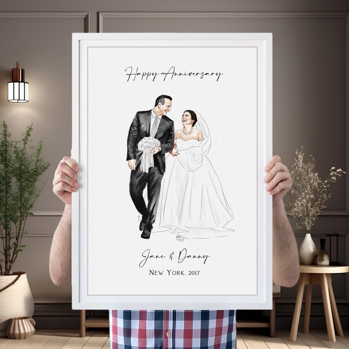 Happy Anniversary Custom Walking Wedding Couple Watercolor Gift Poster