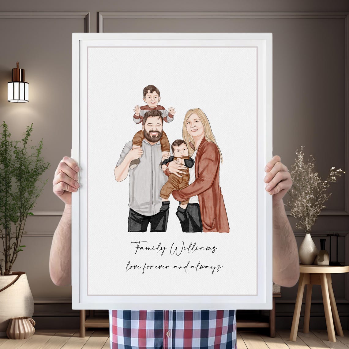 Custom Watercolor Family of Four Portrait Love Forever Gift Poster