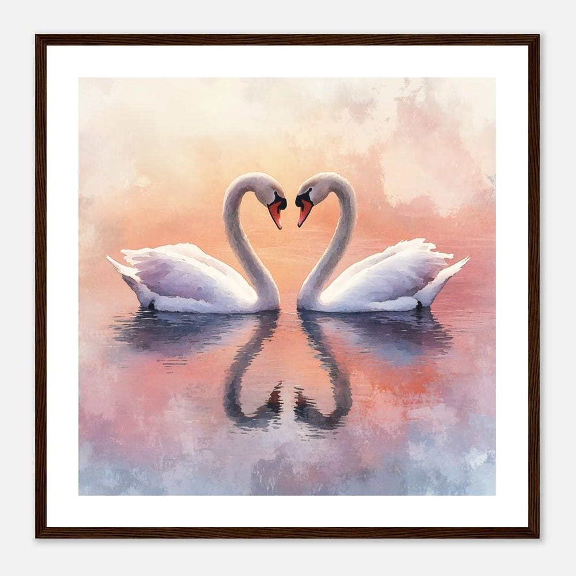White Swans Heart Shape Romantic Pink Sunset Water Art Print