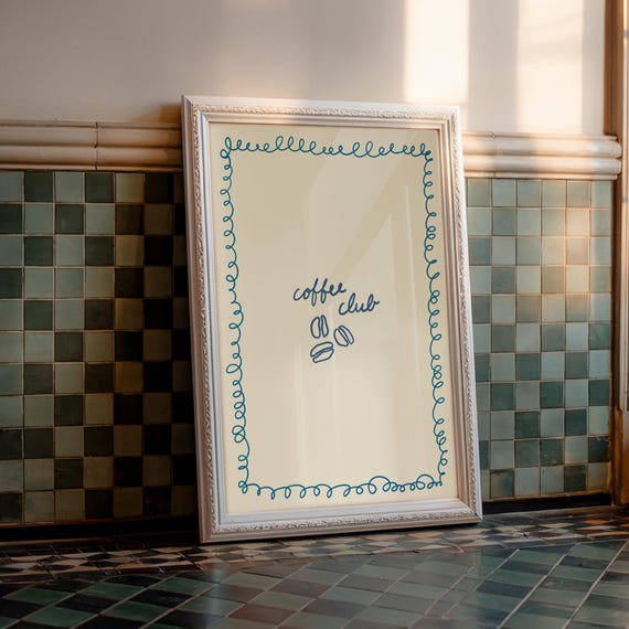 Handdrawn Blue Coffee Club Kitchen Print Vertical