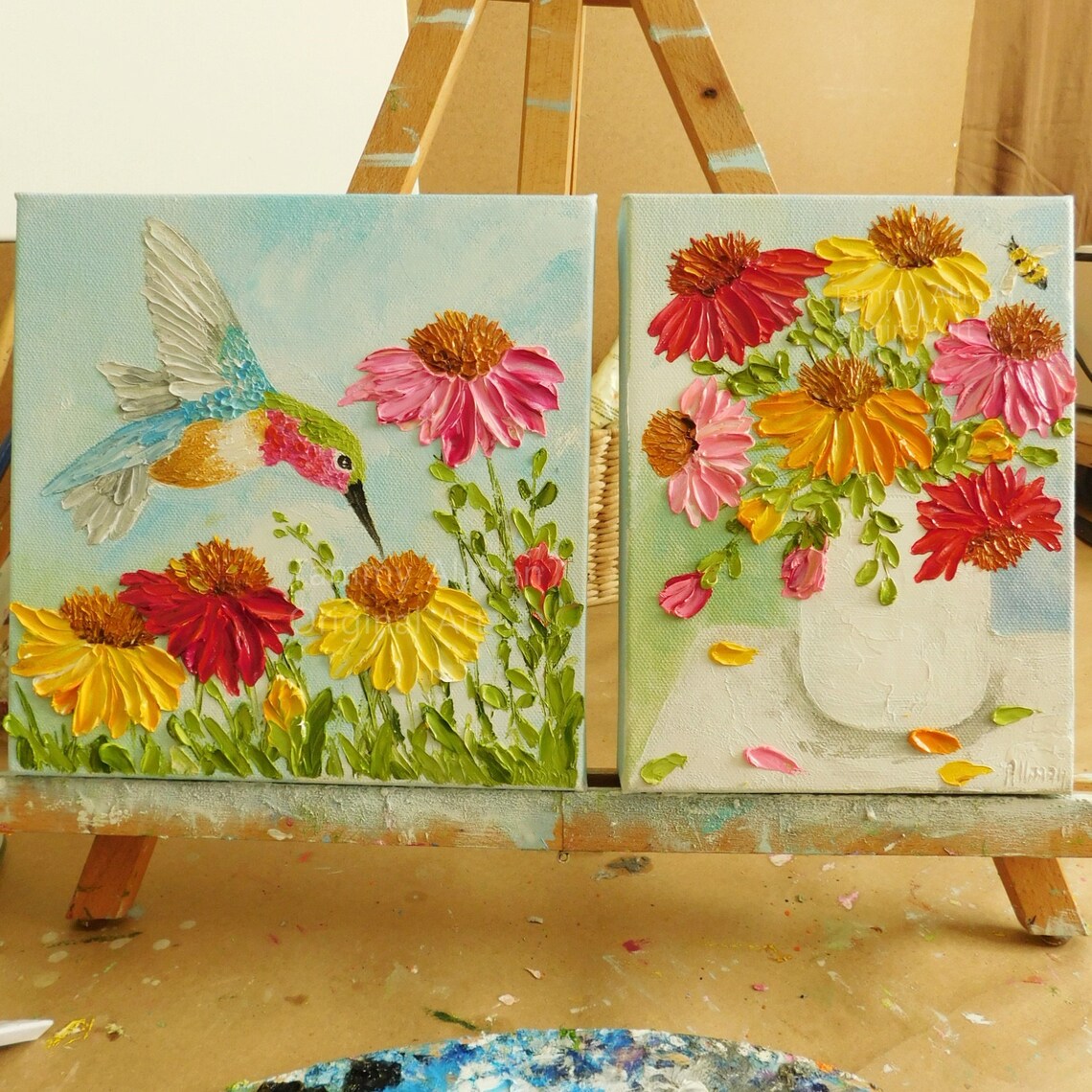 Custom Cone Flowers and Bee Impasto Oil Painting Art Print - Image 2