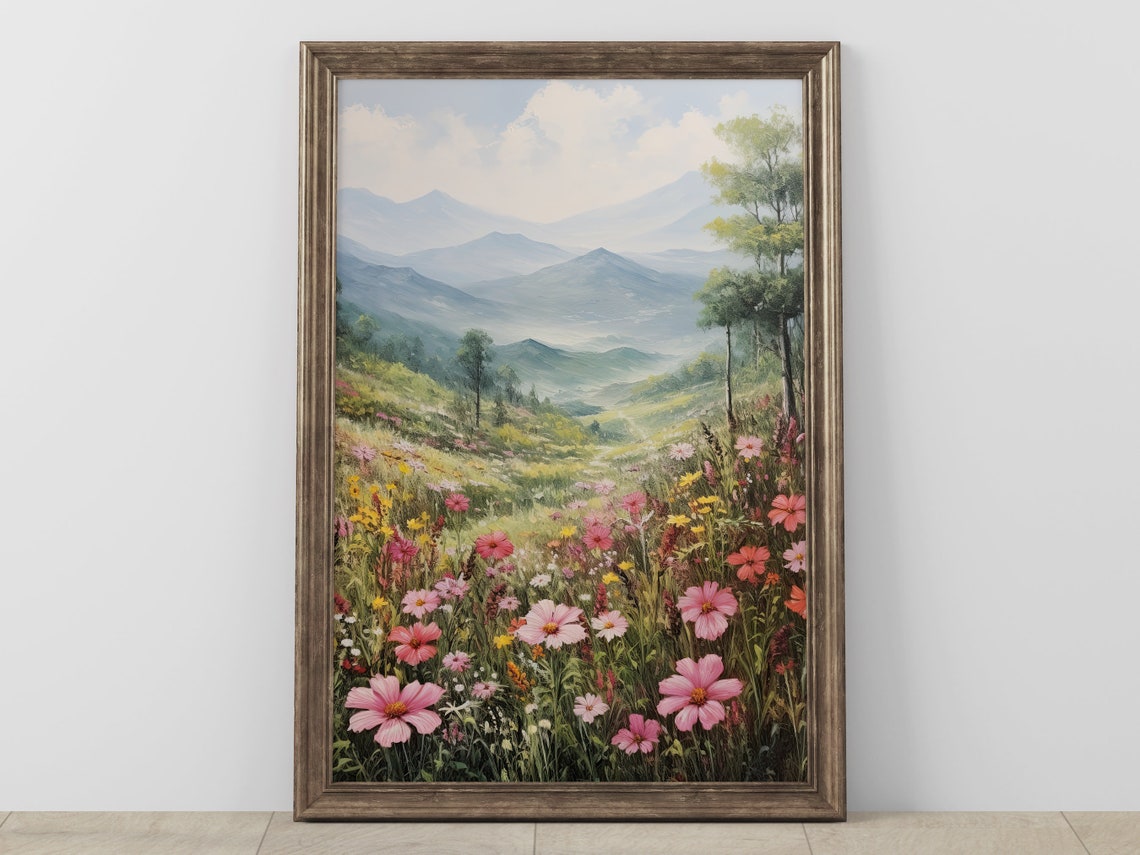 Wildflower Meadow Misty Blue Mountains Rustic Landscape Poster