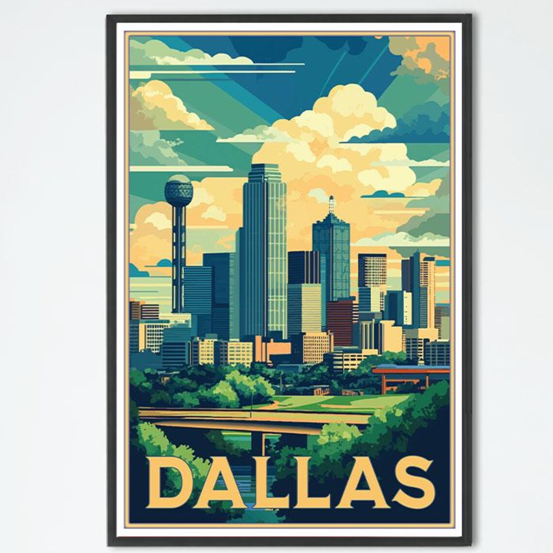 Dallas Texas Reunion Tower Skyline Sunset Vintage Travel Poster