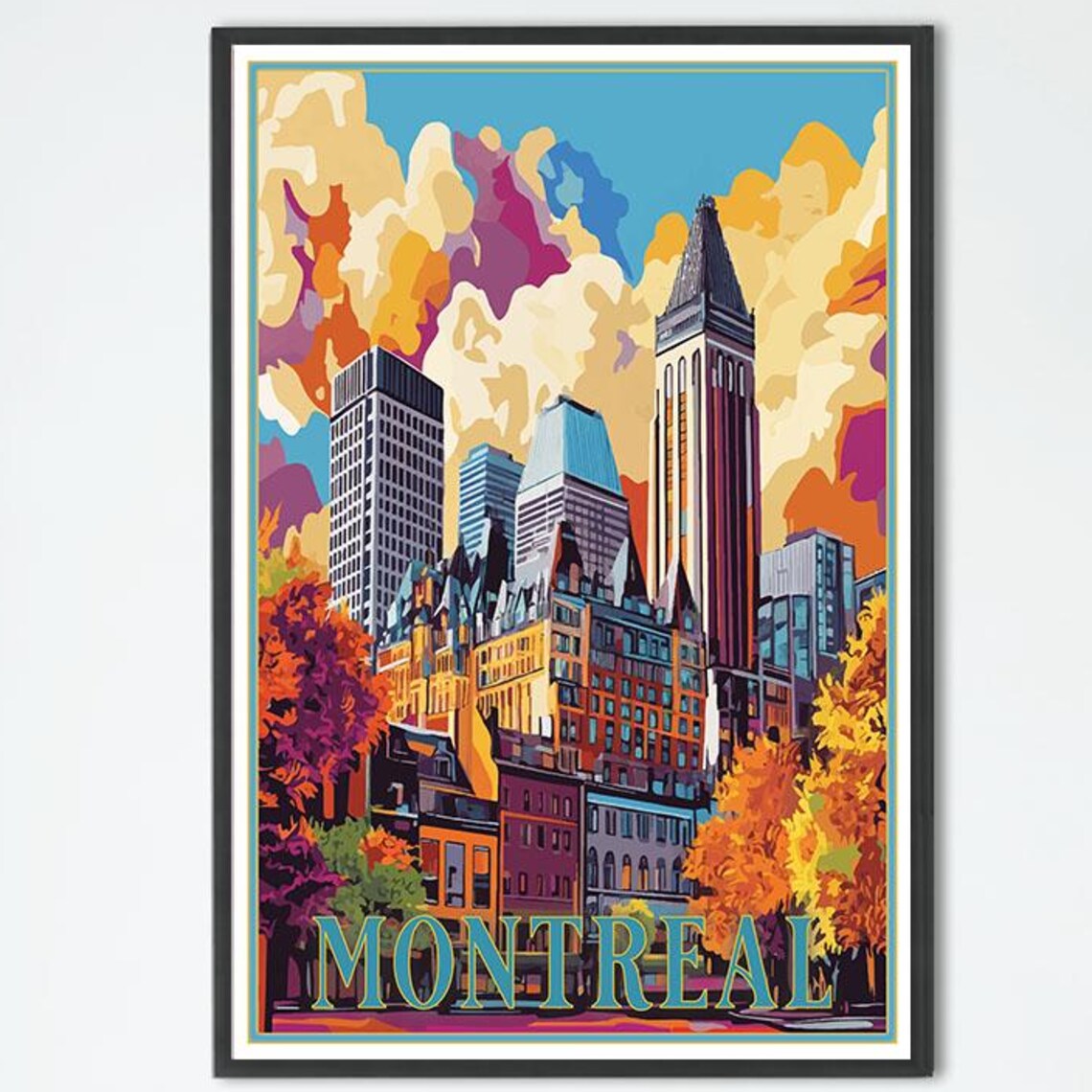 Montreal Canada Autumn Skyline Old Town Vintage Travel Poster