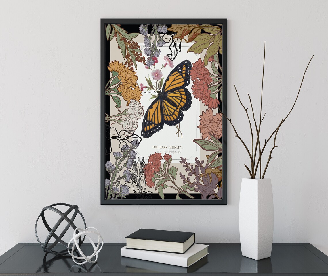 Art Nouveau Butterfly, Floral Print Bohemian