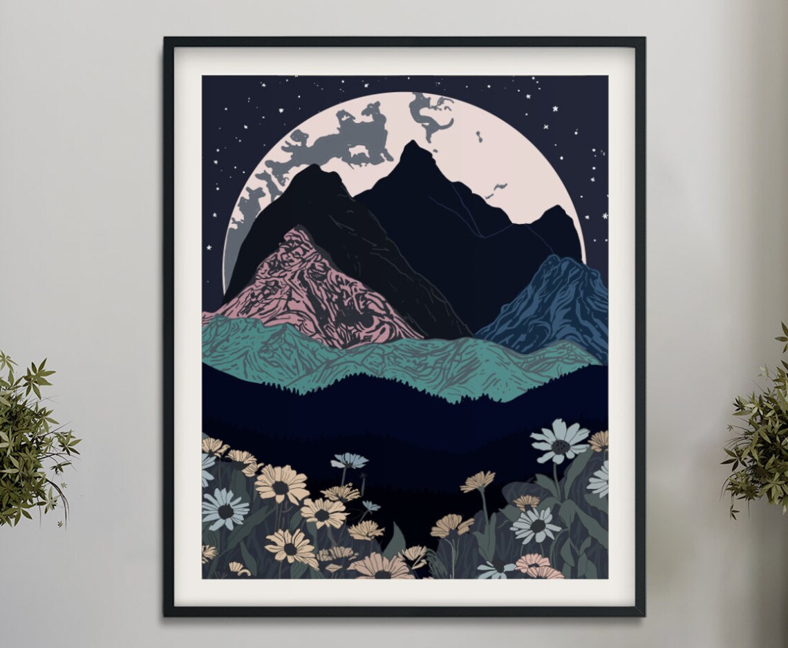 Painted Mountains Moon Poster, Blue Pink Ombre