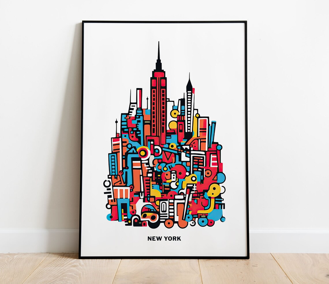 New York City Abstract Doodle Skyline Colorful Pop Art Poster - Image 4