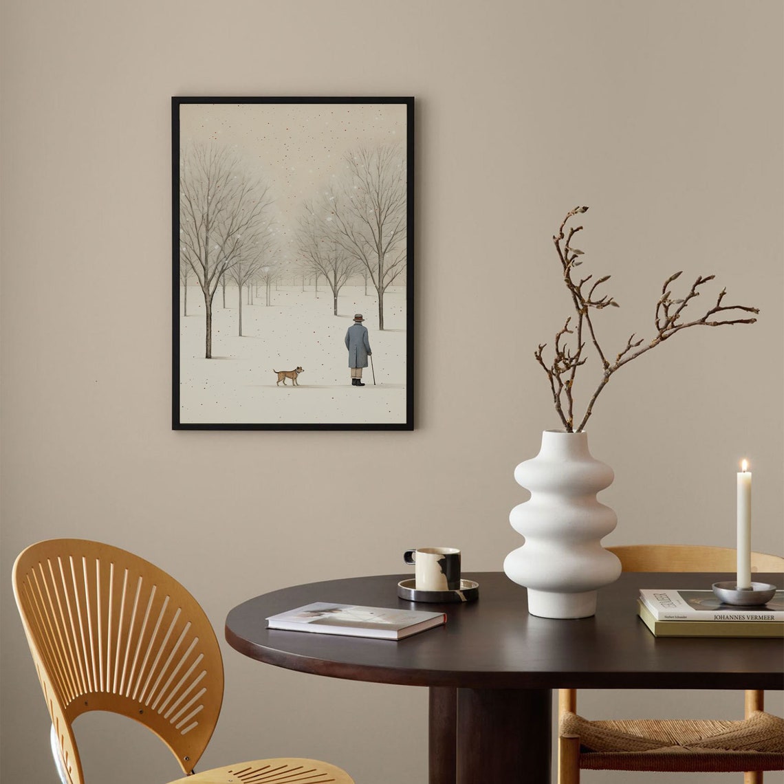 Old Man Walking Dog in Snow Among Bare Trees Winter Scene Poster - Image 3