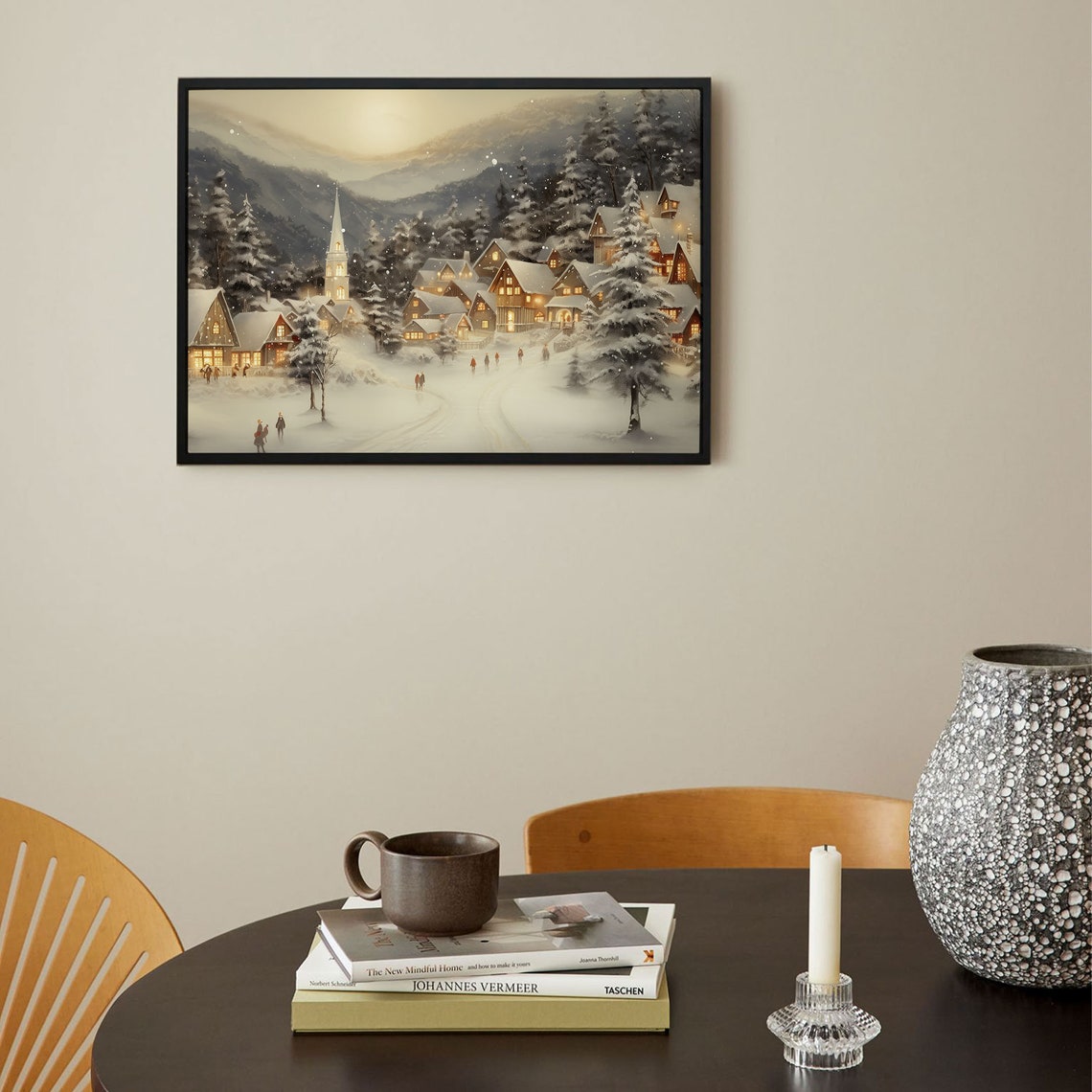Vintage Snowy Village Christmas Night Glowing Windows Winter Poster - Image 3