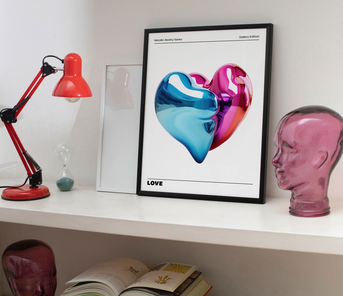 Metallic Blue Pink Chrome Heart Love Sculpture Pop Art Poster - Image 2