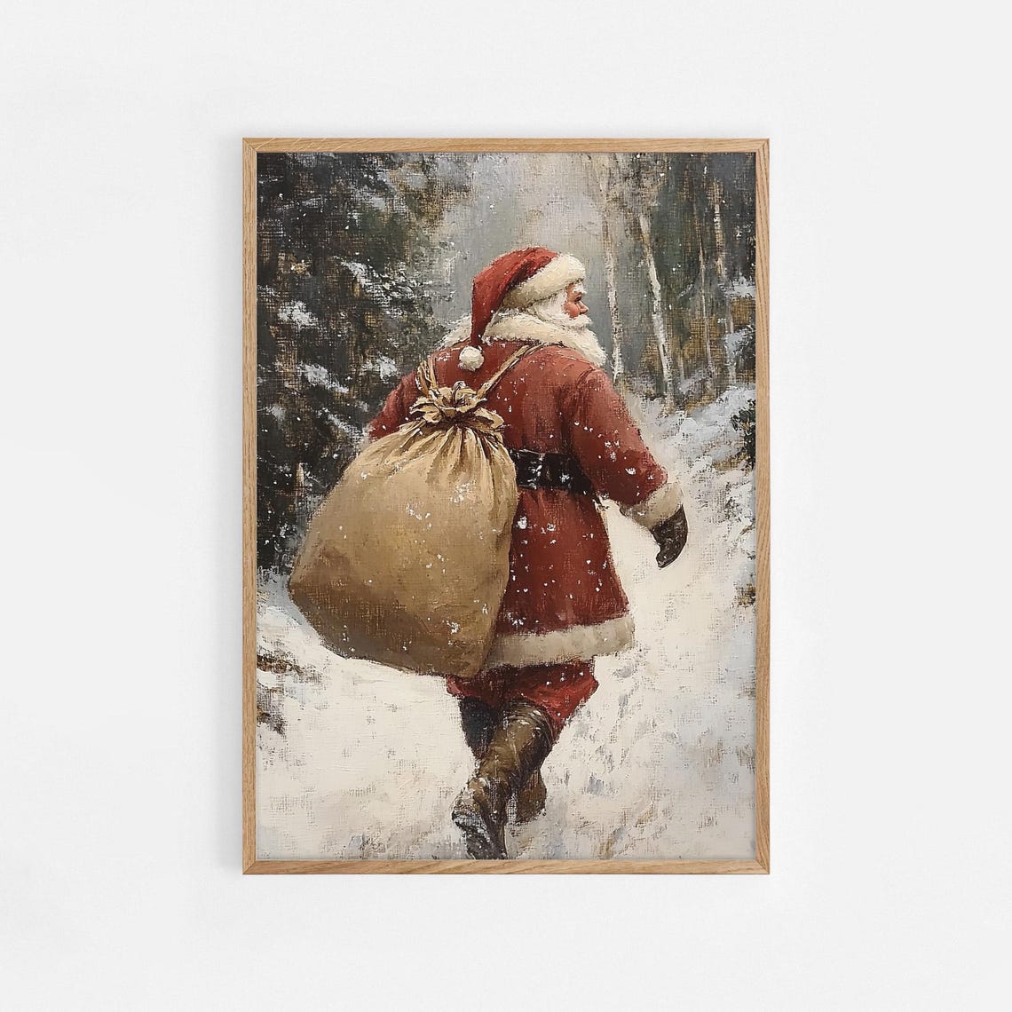 Santa Claus Walking Snowy Forest Vintage Christmas Painting Poster