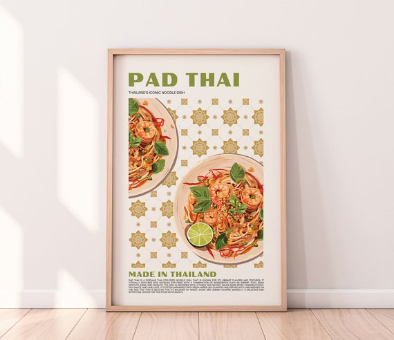 Pad Thai Poster Food Print Modern Kitchen Decor Illustration Thailand Food Chef Print Bar Art Exhibition Poster Retro Wall Art