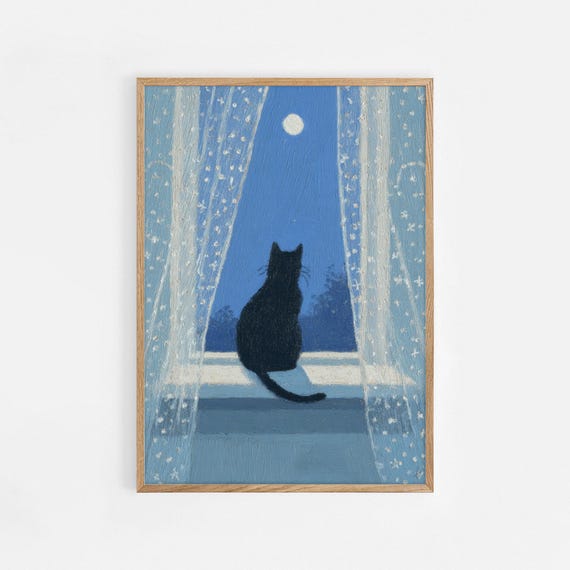 Black Cat Moonlight, Cozy Night Art Print