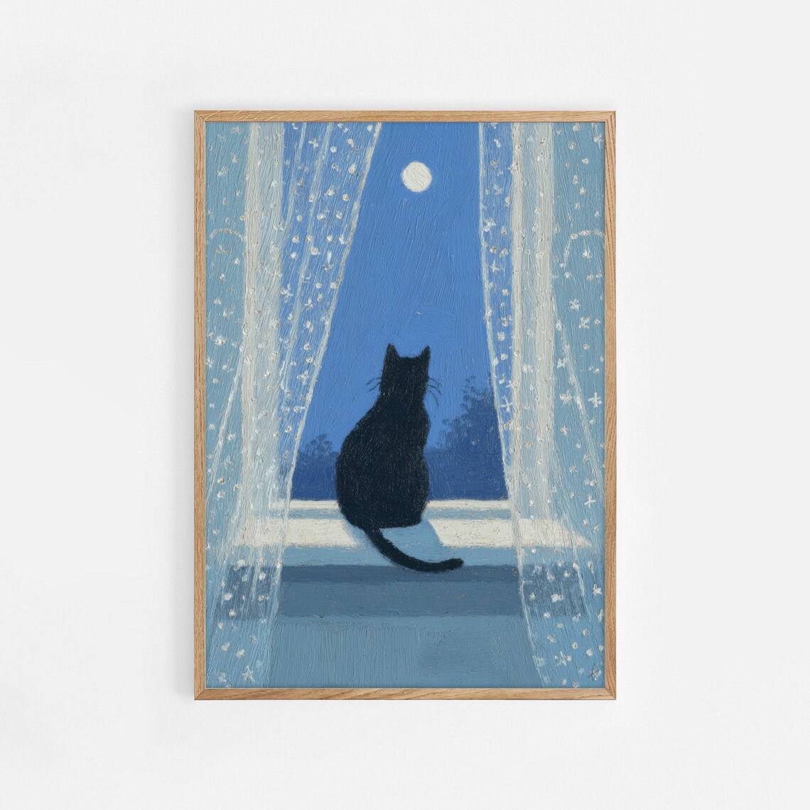 Black Cat Moonlight, Cozy Night Art Print