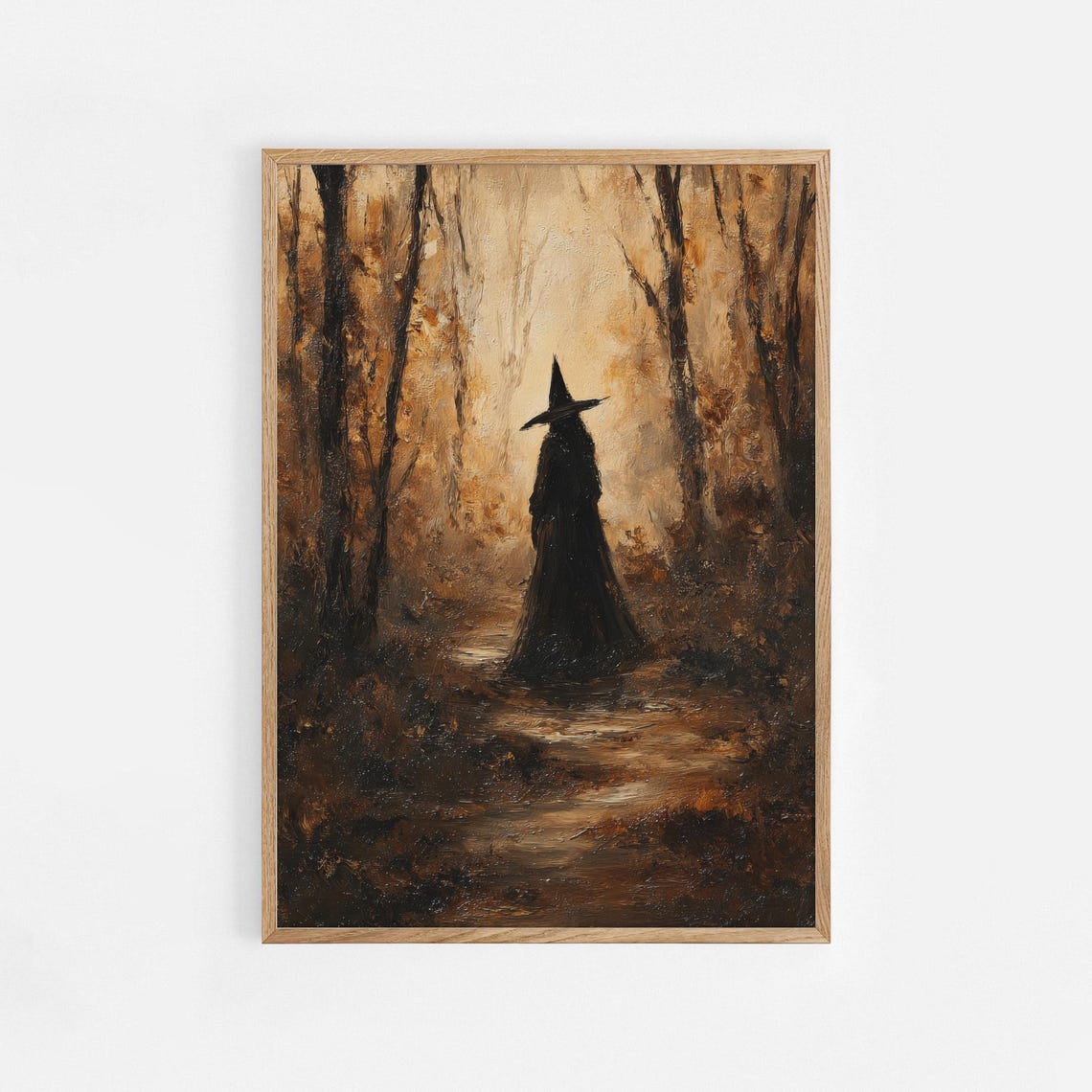 Witch In Forest Art Print Dark Autumn Wall Decor Moody Witchcore Painting Halloween Poster Enchanted Woods Artwork 1056