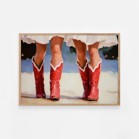 Sunny Red Cowgirl Boots Beach White Skirt Western Painting Poster