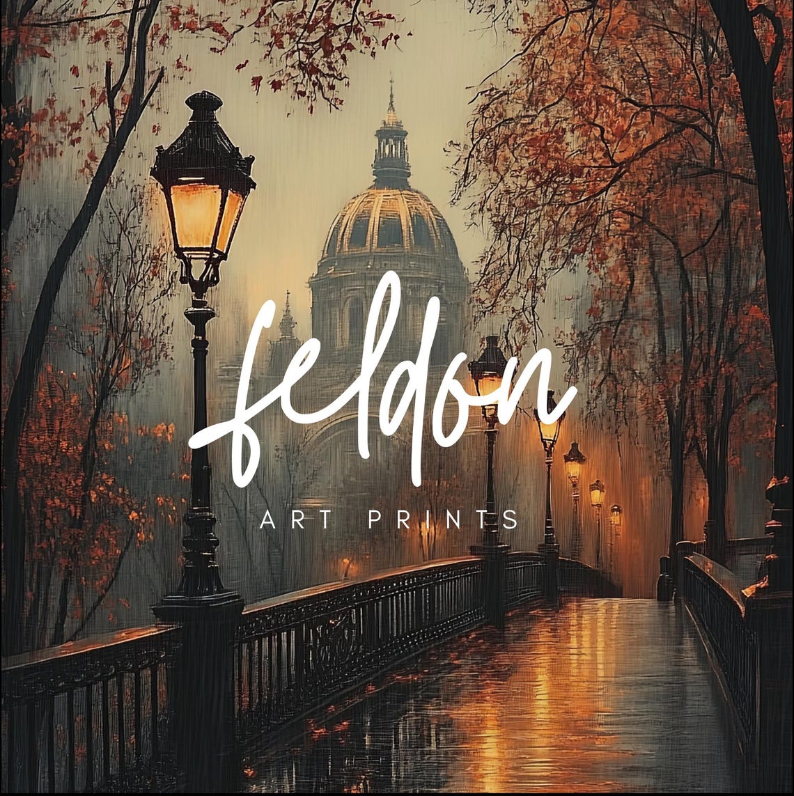 Rainy Autumn City Bridge Moody Evening Lamplight Painting Poster - Image 3