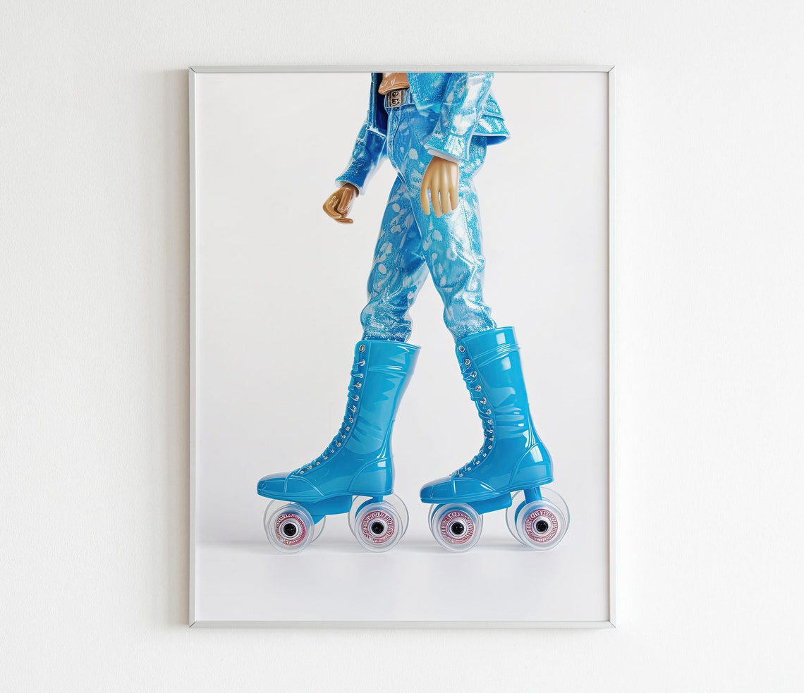 Blue Roller Skates Doll Figure Retro Skater Photo Style Poster