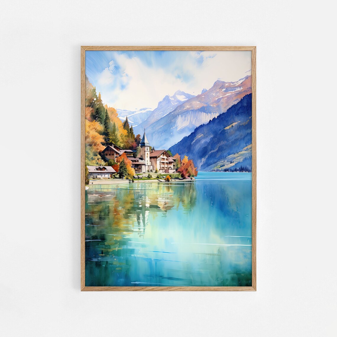 Alpine Lake Village Watercolor Autumn Mountains Lakeside Church Poster