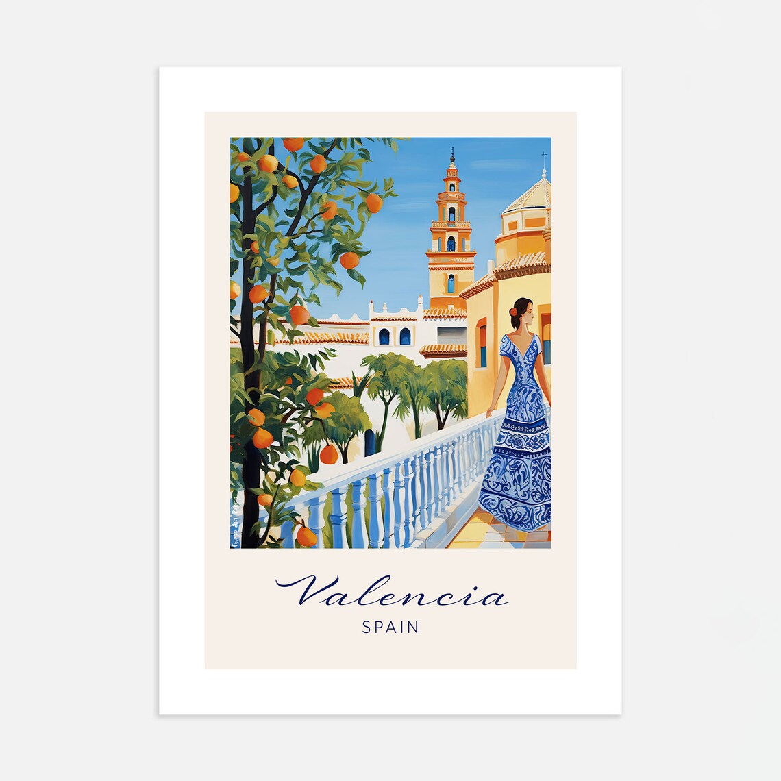 Valencia Spain Vintage Travel Poster Orange Terrace Spanish Church - Image 4