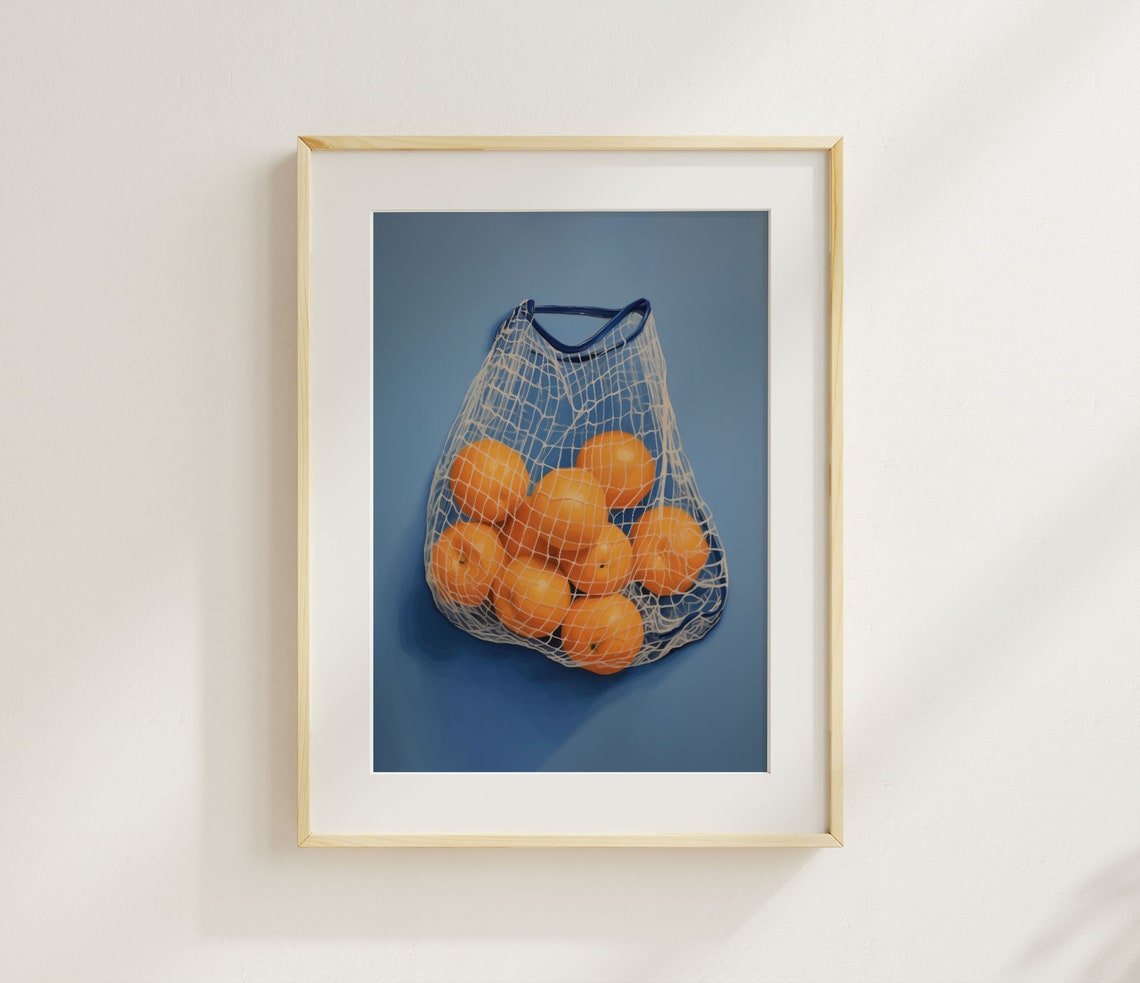 Mesh Bag of Oranges on Deep Blue Modern Fruit Still Life Wall Art - Image 2