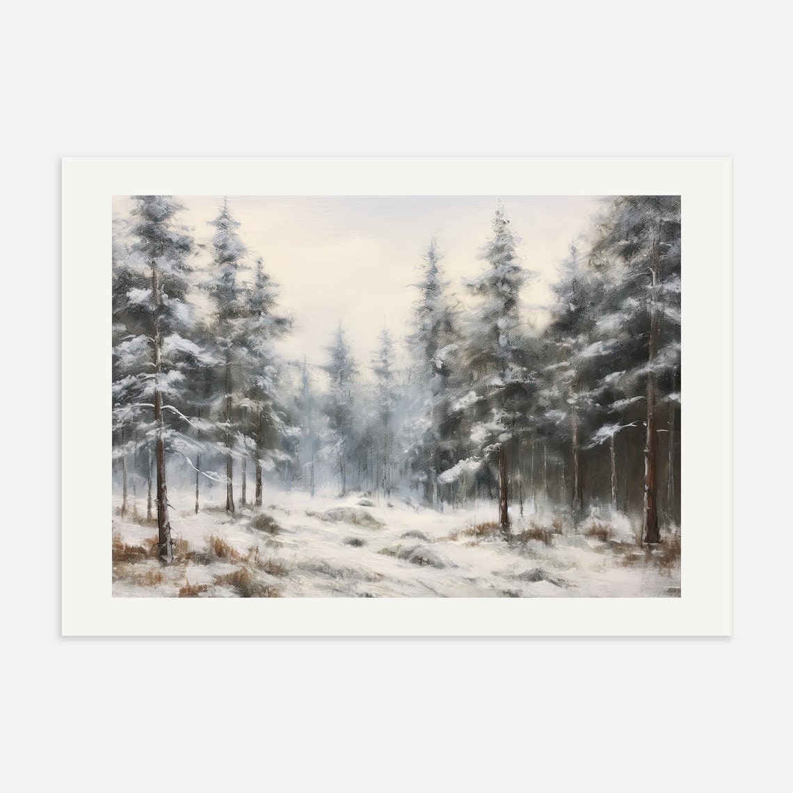 Snowy Pine Forest Winter Landscape Misty Painting Wall Poster - Image 2
