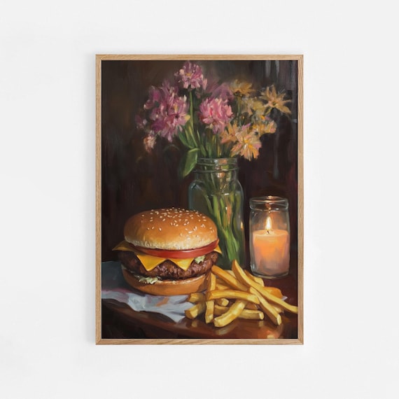 Burger And Fries Fast Food Still Life Oil Painting Fine Art Print Cheeseburger Poster Kitchen Trendy 935