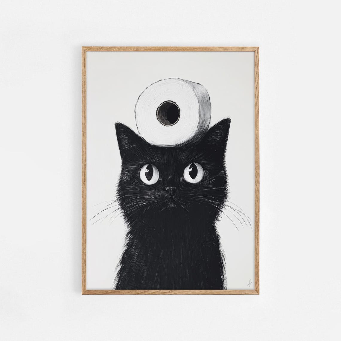Funny Black Cat With Toilet Paper Roll On Head Bathroom Poster Cat Art