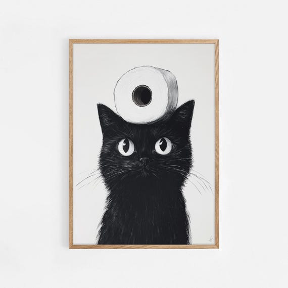 Cat With A Toilet Paper Roll On The Bathroom Funny Animal Wall Decor Vintage Photography Lover Art Print 879