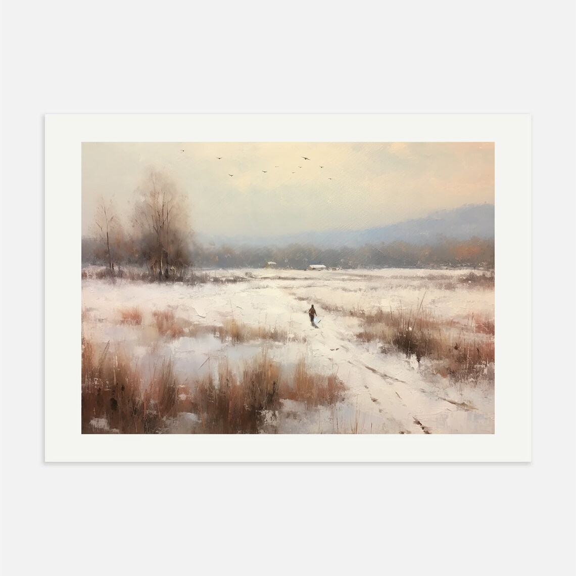 Winter Field Snowy Landscape Lone Walker Birds Painting Poster - Image 2