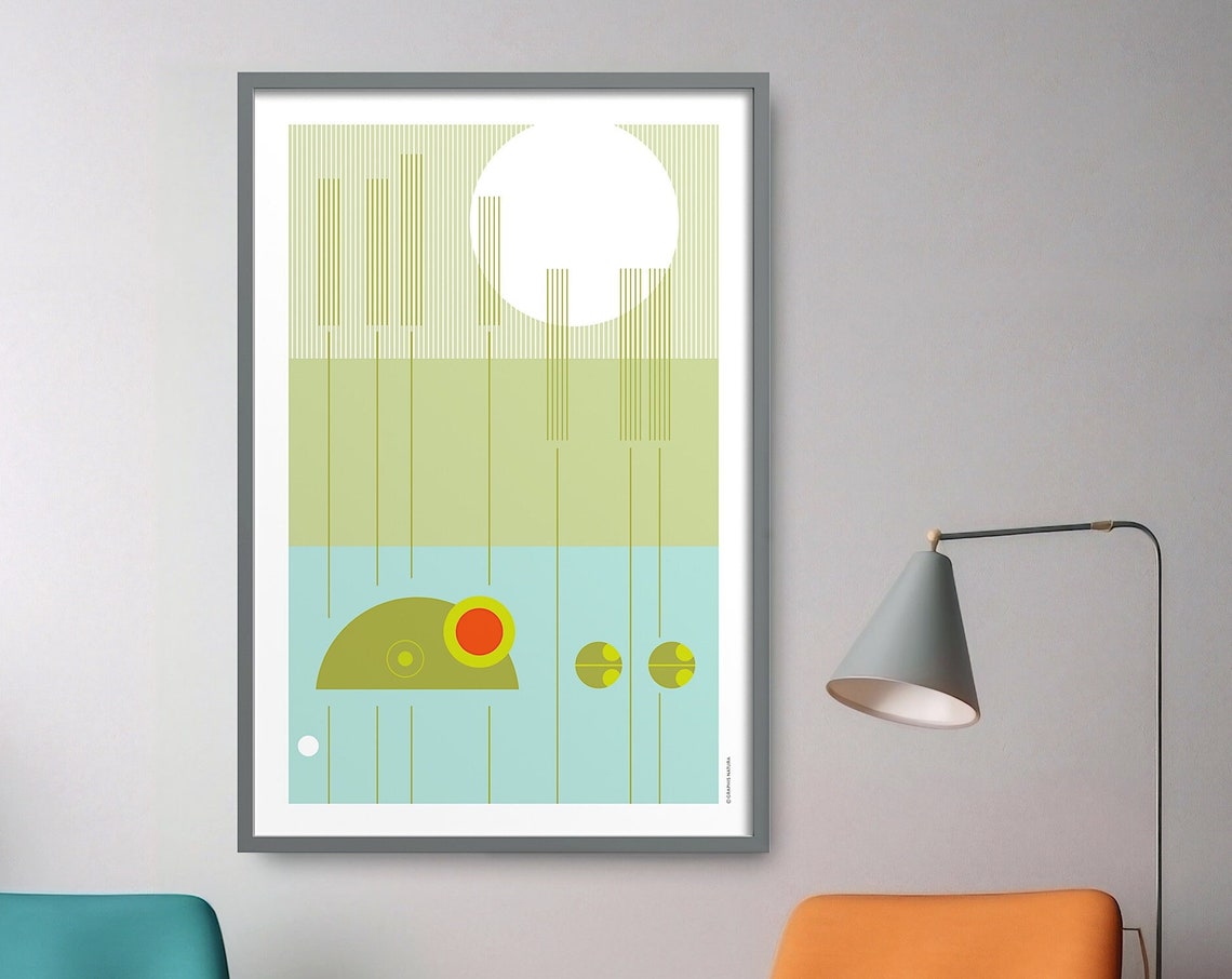 Colorful Minimalist Frog Poster Playful Pond Scene Nursery Decor