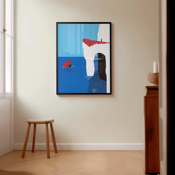 Minimalist Cliffside Landscape Print Solitary Figure By Sea Art Modern Blue Red Ocean Poster Contemplation In