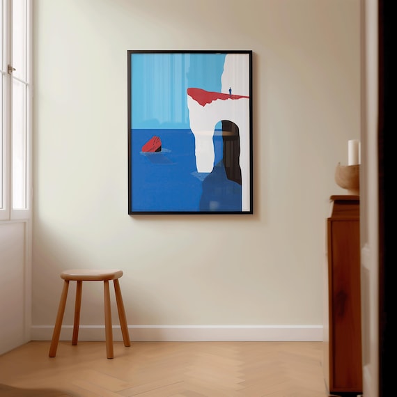 Solitary Figure by the Sea Minimalist Cliffside Ocean Art Print