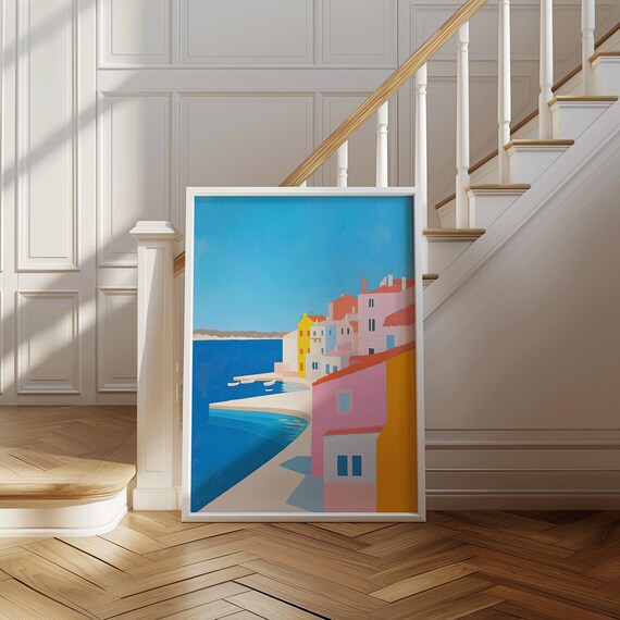 Colorful Mediterranean Coastal Art Print Bold Seaside Village Illustration Summer Travel Poster Wall Decor Hues