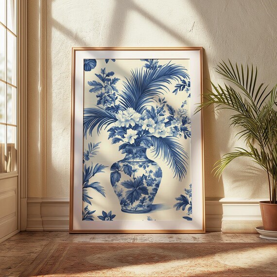 Blue And White Floral Vase Art Print Classic Botanical Illustration Vintage Ceramicinspired Wall Decor For Kitchen Cobalt Garden