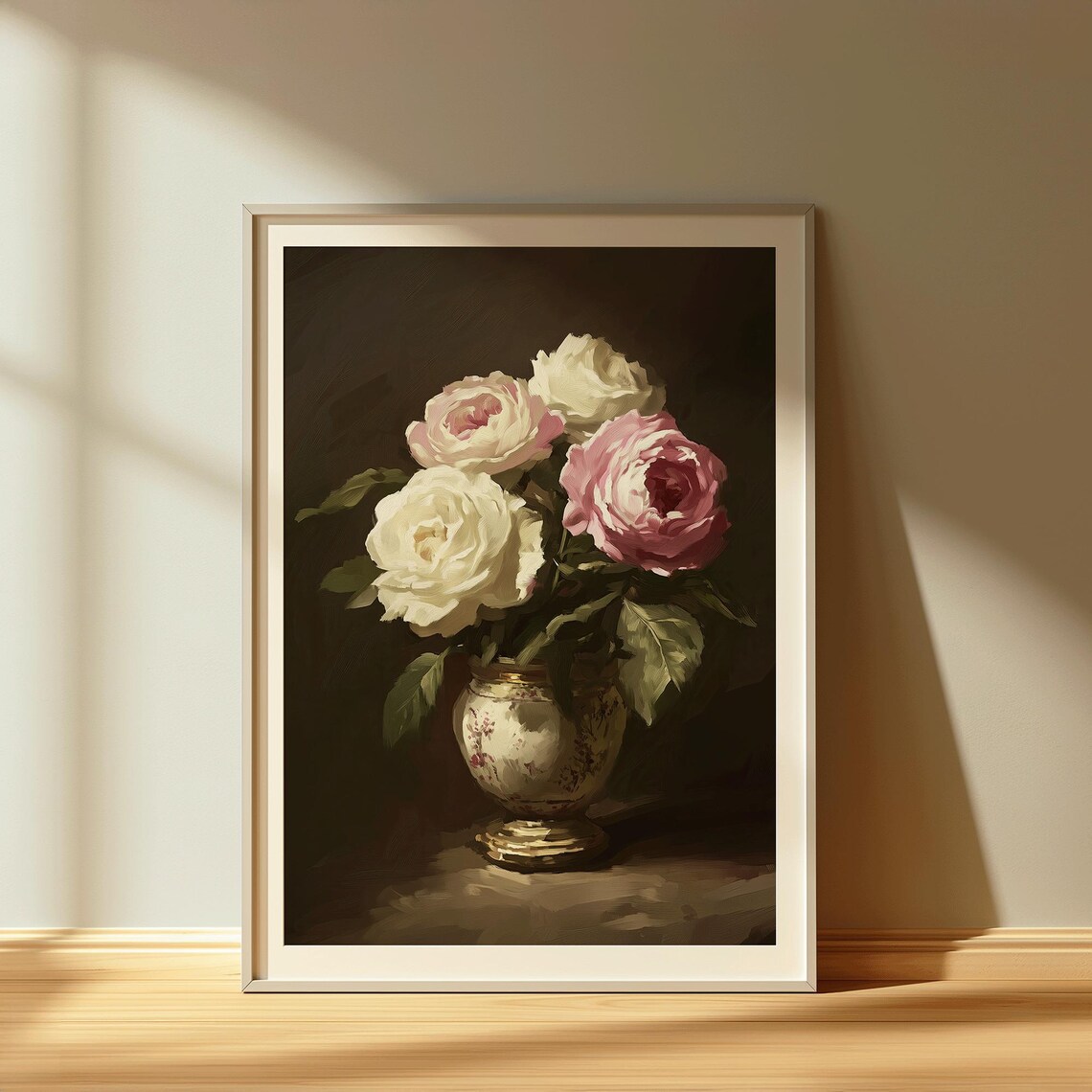 Vintage Rose Still Life Soft Floral Vase Painting Romantic Home Poster