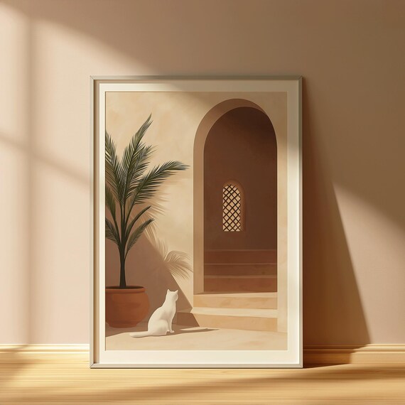 Cozy Cat And Archway Wall Art Warm Minimalist Neutral Modern Painting With Print Seraphinas