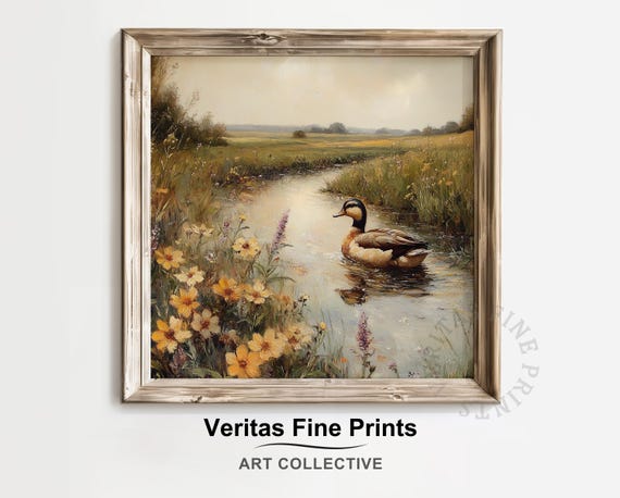 Misty Duck Family On The Water Moody Vintage River Scene Rustic Wildlife Wall Art Tranquil Cottagecore Landscape Art Print