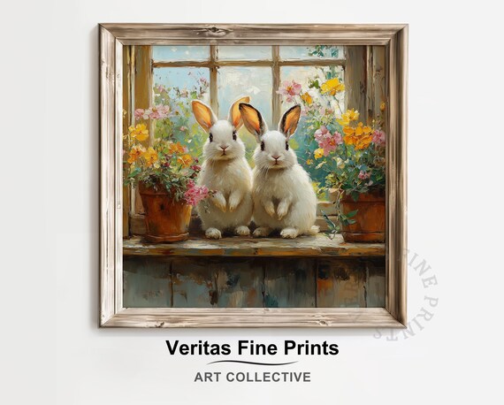 Floral Bunny Duo on Windowsill Between Flowering Pots Spring Poster