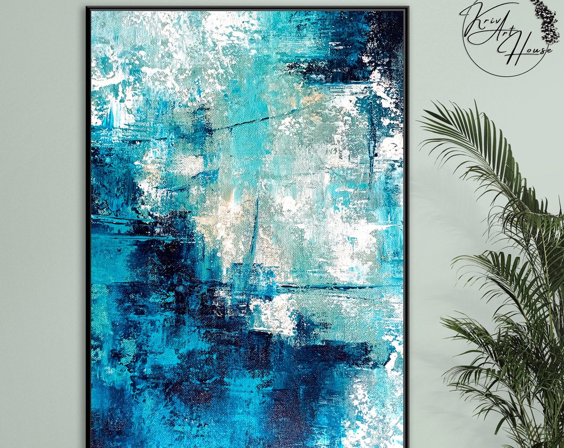 Deep Blue White Ocean Wave Textured Abstract Vertical Wall Poster - Image 2