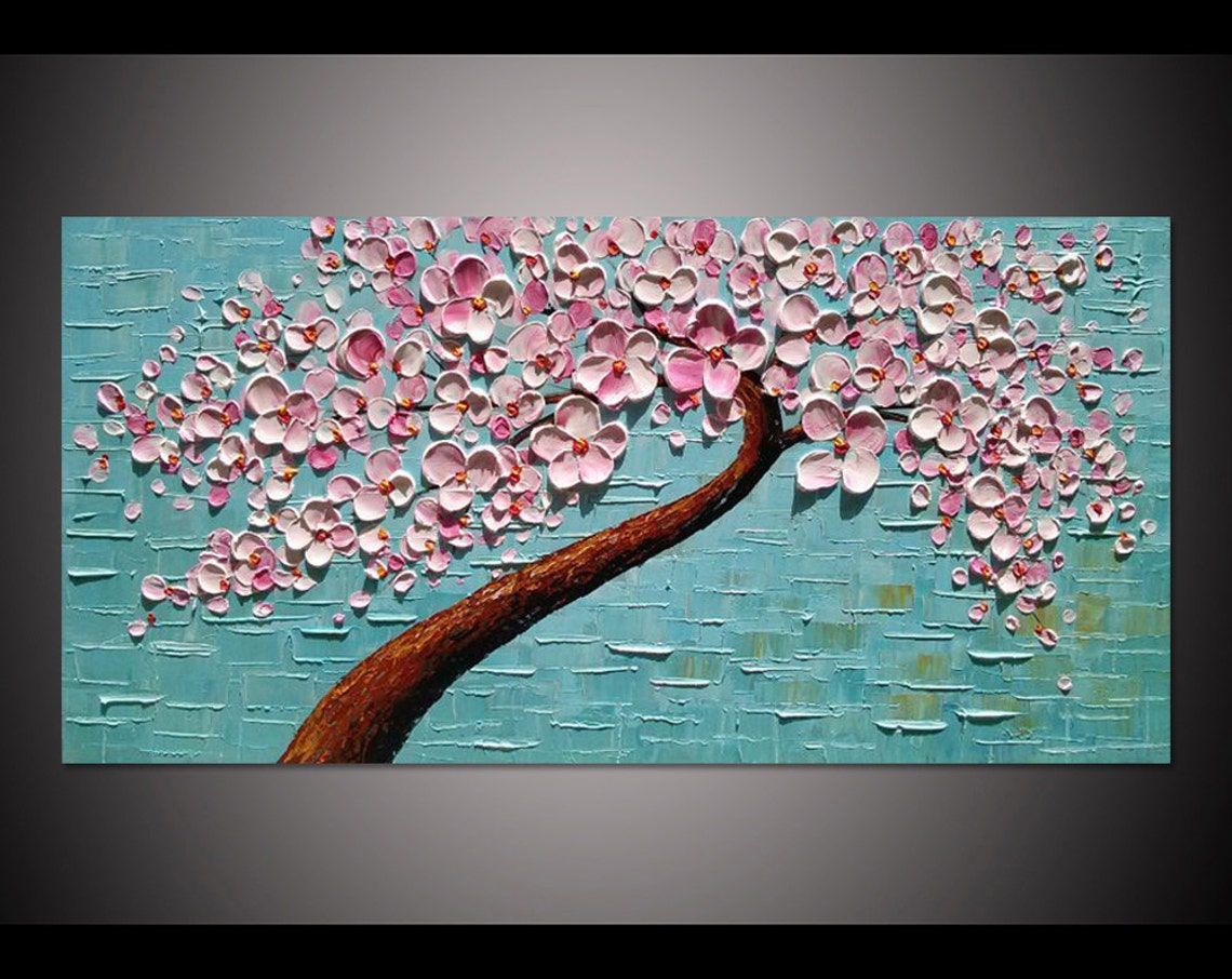 Dreamy Pink Blossom Tree on Turquoise Palette Knife Art Poster