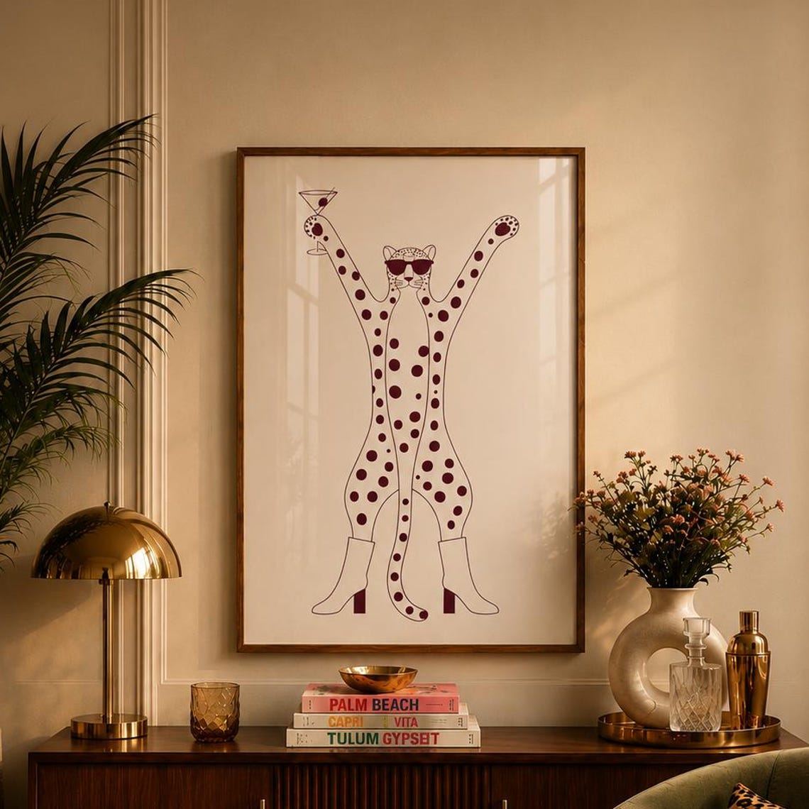 Cheetah in Sunglasses Holding Martini Glass Funky Line Art Poster